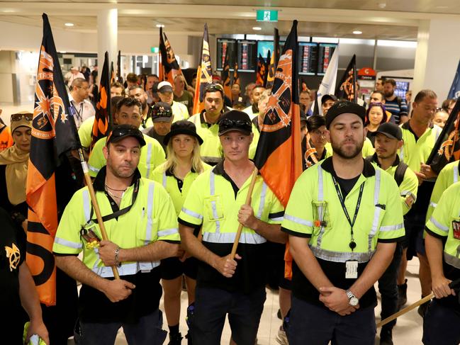 Jetstar baggage and ramp workers pictured on strike in December. Picture: Damian Shaw