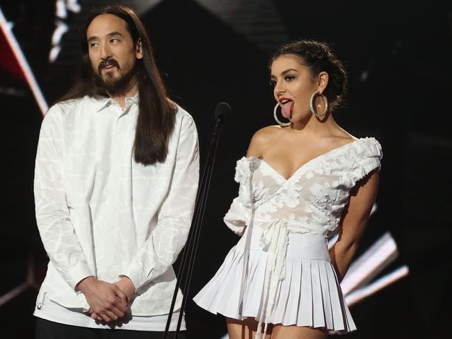 Steve Aoki and Charli XCX present on stage during the 30th Annual ARIA Awards. Picture: Getty
