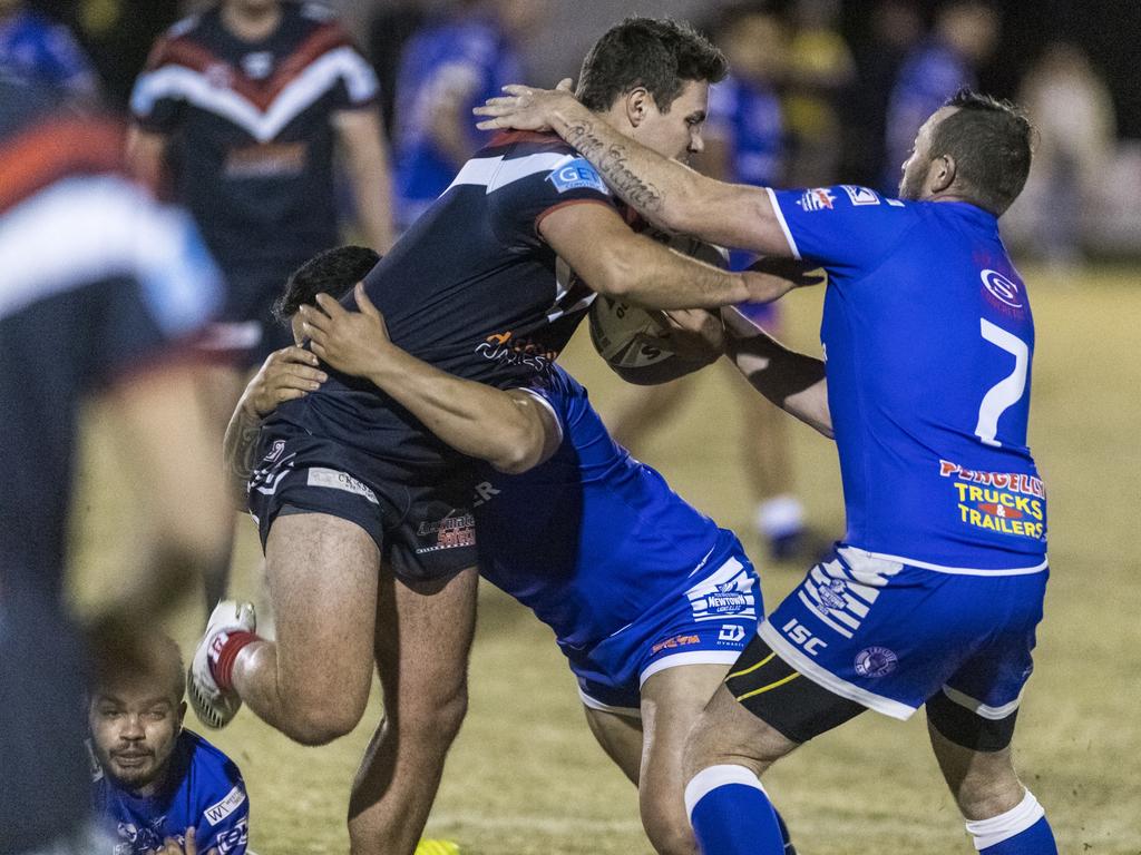 Jordyn Hogden charges for Warwick against Newtown in TRL A grade round 10 rugby league at Jack Martin Centre, Saturday, June 19, 2021. Picture: Kevin Farmer