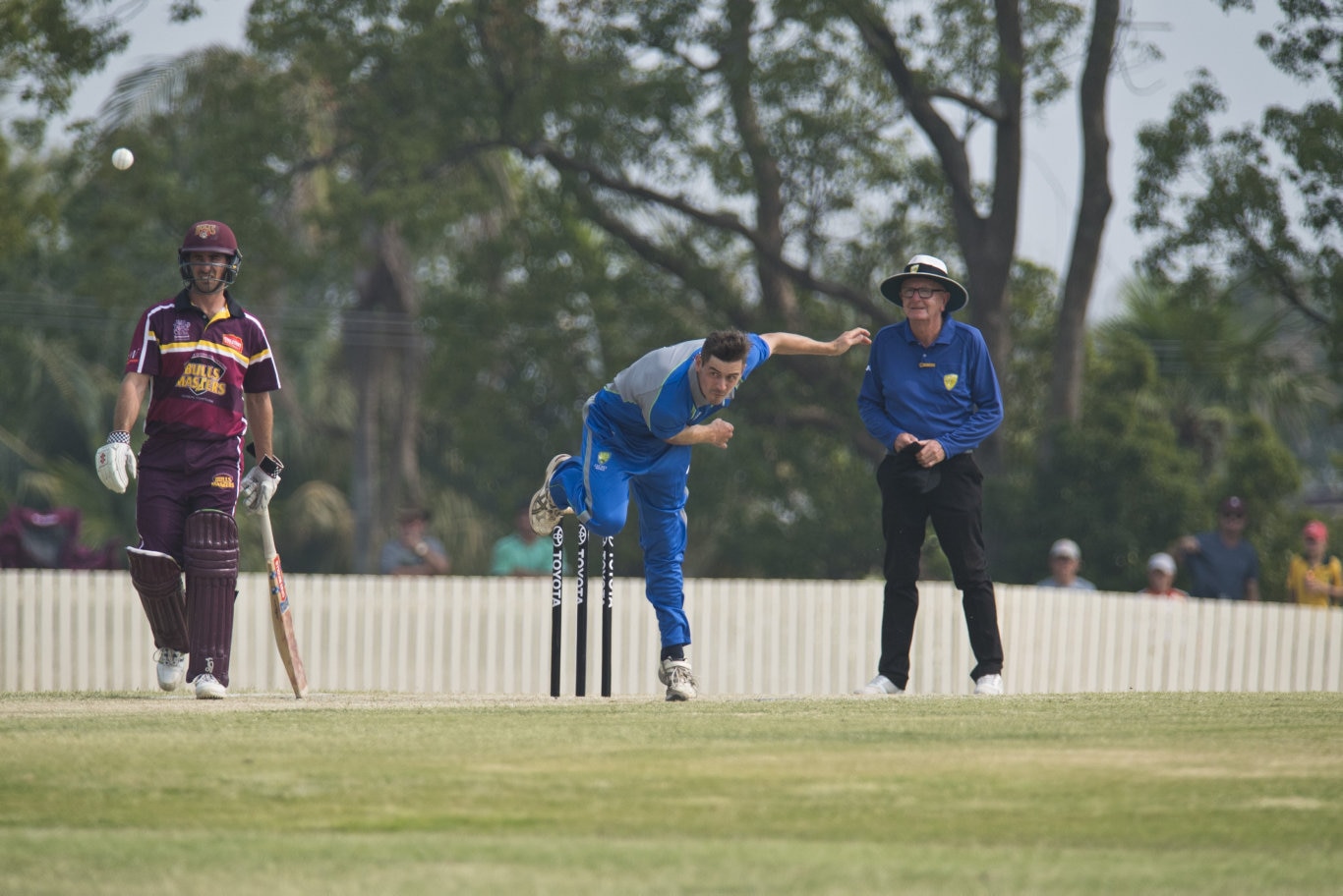 Nathan Crudeli of Australian Country XI bowls in the match against the Bulls Masters in Australian Country Cricket Championships exhibition match at Heritage Oval, Sunday, January 5, 2020. Picture: Kevin Farmer