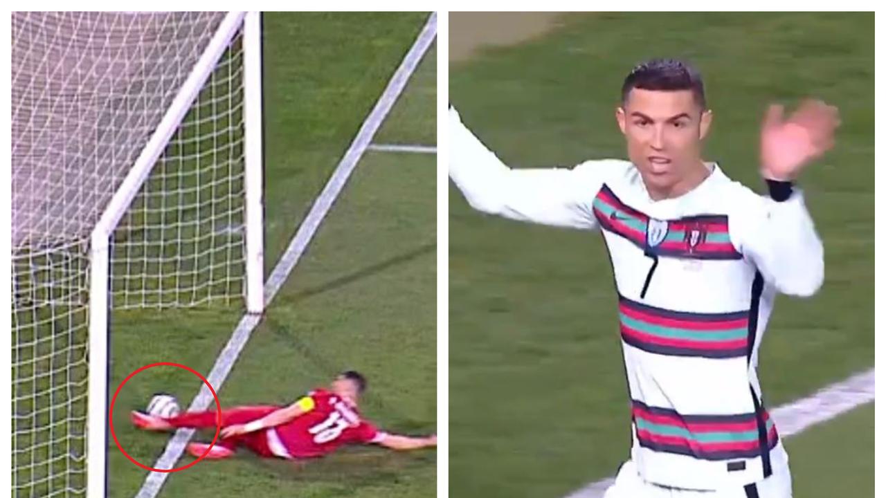 Cristiano Ronaldo was absolutely livid after having what appeared to be a clear goal denied. Source: UEFA.tv