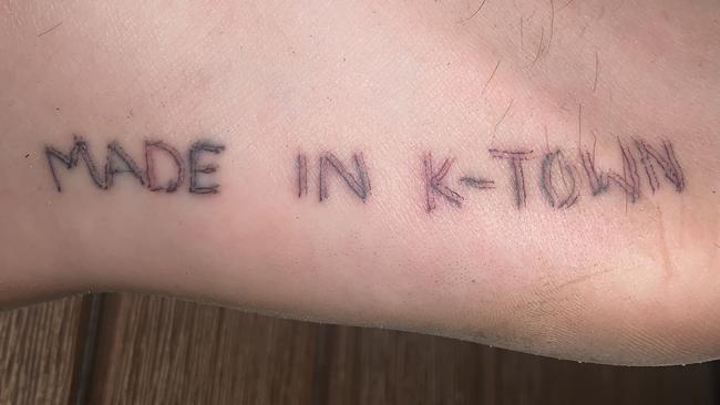 This tattoo is so bloody shit it even loses this competition. It is a home tattoo job on Daniel Gianoncelli’s foot. As he says, he was made in Katherine. No shit Einstein. The K-TOWN bit in this instance really is a tautology because the absolutely 100 per cent single origin, biodymanic, hand crafted, gluten free shitness of it tells you it is tattooed on someone hailing from K-town. Picture: Shae Abela
