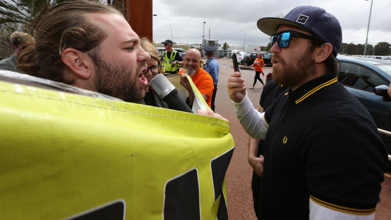 Left-wing protesters clash with West Australian members of The Proud Boys. Picture: Daniel Wilkins