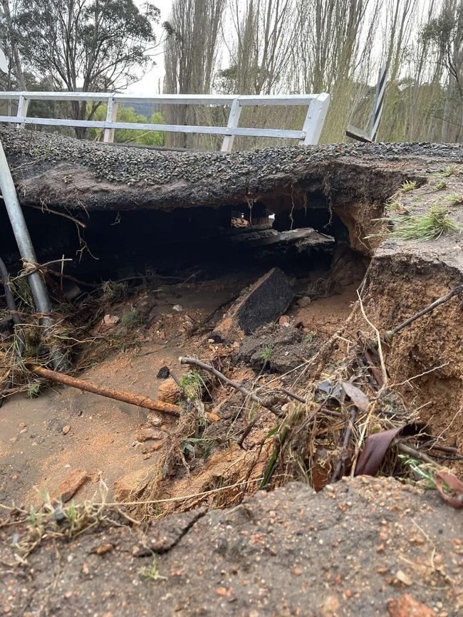 Road damage in East Gippsland where floodwaters have overwhelmed the bridge at the Blue Duck (Anglers Rest). Picture: Facebook