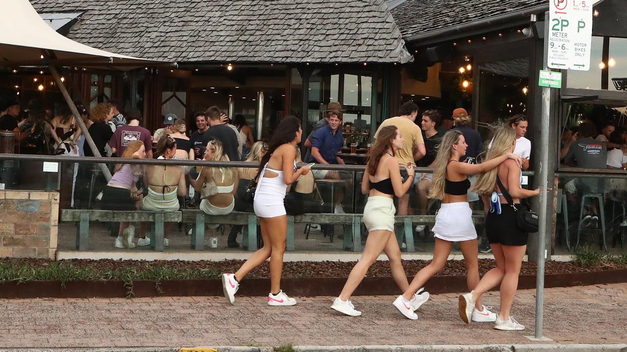 Schoolies outside the Beach Hotel in Byron Bay. Picture: Jason O'Brien