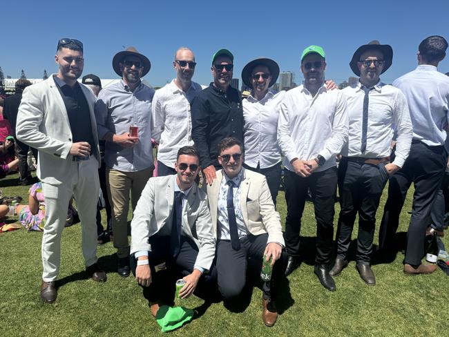 Liam Strawbridge, Simon Atkins, Damon Aspland, Fergus Castles, Michael Jennings, Nathan Hill, Dylan Lewis, Chris Tyndall and Dylan Bourke at the Melbourne Cup at Flemington Racecourse on November 5, 2024. Picture: Phillippa Butt