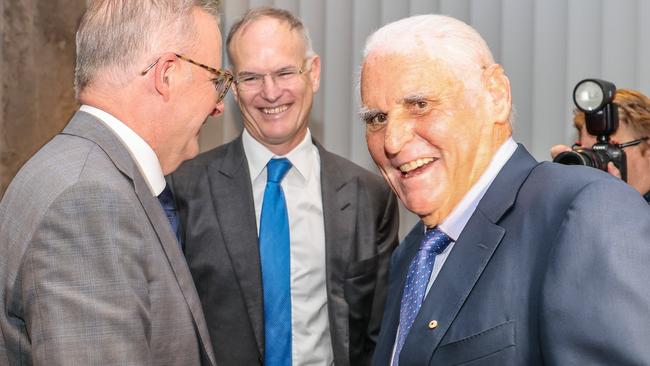 Prime Minister Anthony Albanese and News Corp Australasia executive chairman Michael Miller with Lang Walker. Picture: Image/Russell Millard Photography