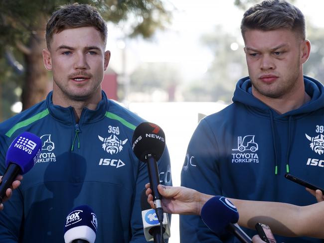 DAILY TELEGRAPH FEBRUARY 24, 2025. Canberra Raiders players Hudson Young and Morgan Smithies front the media regarding an incident at their Hilton Hotel in Las Vegas on Thursday night. Picture: Jonathan Ng