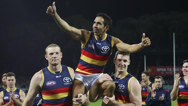 Eddie Betts is chaired off after his 250th game. Picture: Sarah Reed