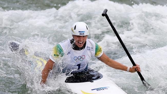 Jess Fox screams in delight after her gold medal winning run in the canoe single final. Picture: Alex Davidson/Getty Images