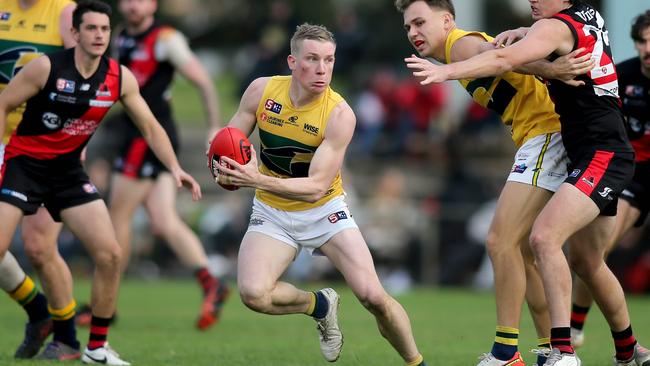 Eagle Joseph Sinor bursts out of a pack in his 100th game against West Adelaide at Richmond on Saturday. Picture: Dean Martin