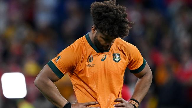 LYON, FRANCE - SEPTEMBER 24: Rob Valetini of Australia looks dejected at full-time following the Rugby World Cup France 2023 match between Wales and Australia at Parc Olympique on September 24, 2023 in Lyon, France. (Photo by Hannah Peters/Getty Images)