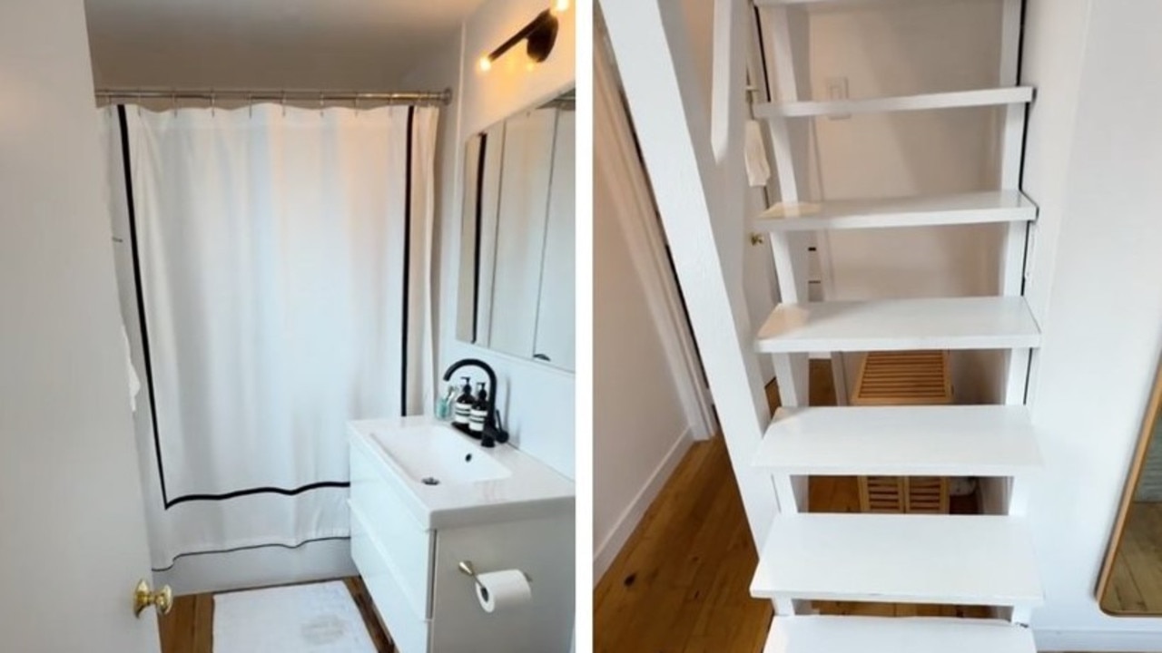 There is a small bathroom and a loft area, which Trenkmann used as a closet. It’s accessed via some steep stairs. (TikTok/Diana Trenkmann)