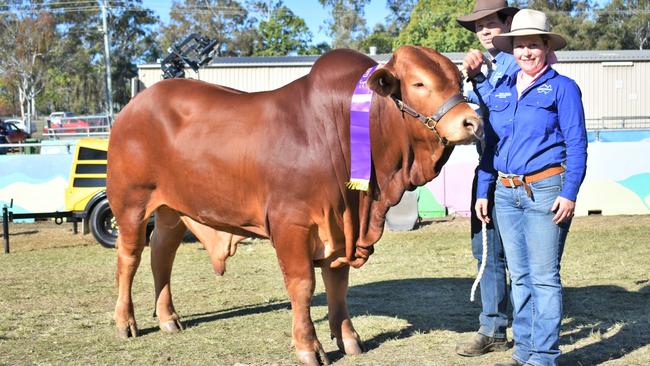 View Field Droughtmasters owners Shane and Sarah Hauschildt with their winning Droughtmaster bull junior bull at the Gatton Show on Saturday. Picture: Peta McEachern