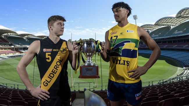 Hugh Stagg, left, and Jordan Lukac ahead of the SANFL under-18 grand final. Picture: Roy VanDerVegt