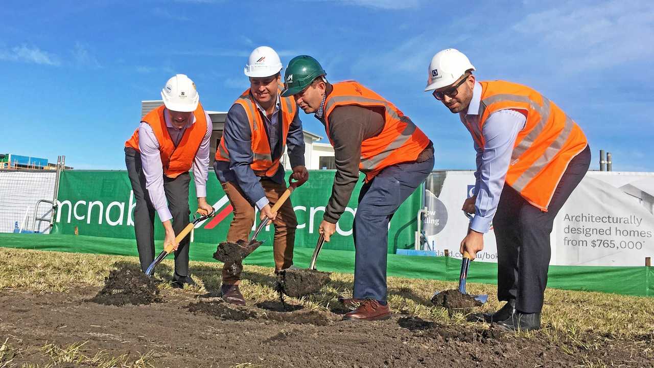 Stockland senior development manager Mark McMahon, McNab construction manager Carl Nancarrow, Member for Fisher Andrew Wallace and Stockland senior development manager Matt Patullo officially launch construction on The Terraces at Bokarina Beach. Picture: Erle Levey