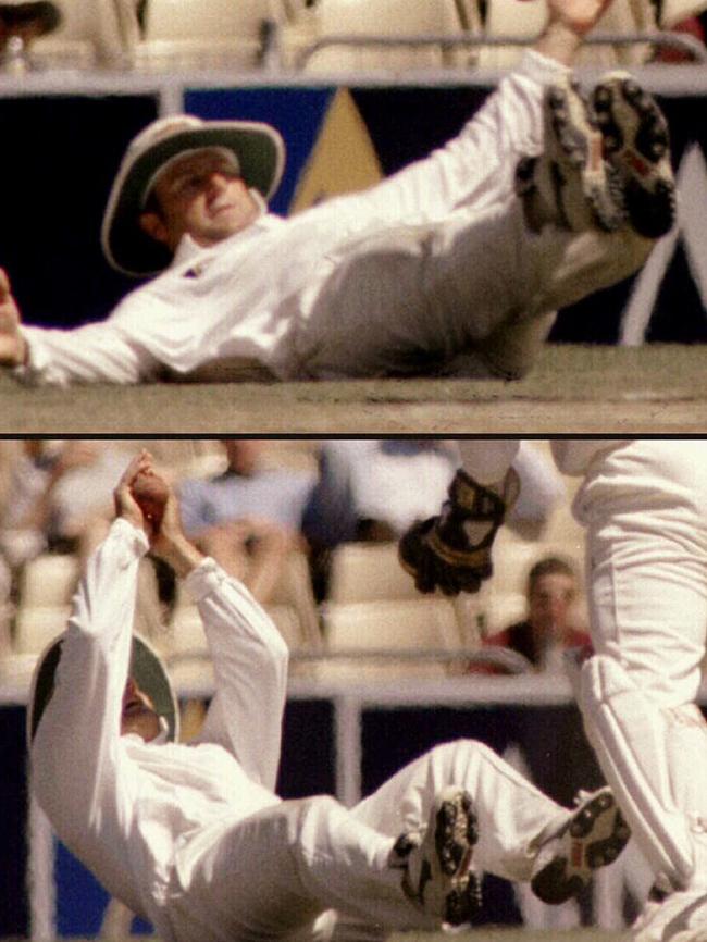 Mark Taylor drops the ball, kicks it up and takes the difficult catch to dismiss Carl Hooper for 57 at the SCG on December 3, 1996.