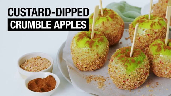 Custard-dipped crumble apples