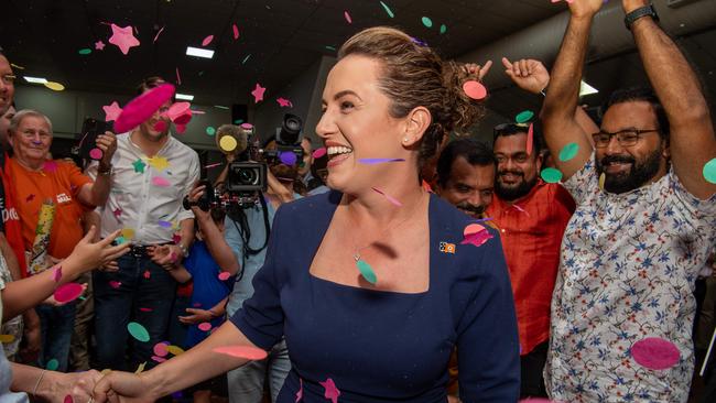 Country Liberal Party leader Lia Finocchiaro arrived to cheers after her party's 2024 Northern Territory election win. Picture: Pema Tamang Pakhrin