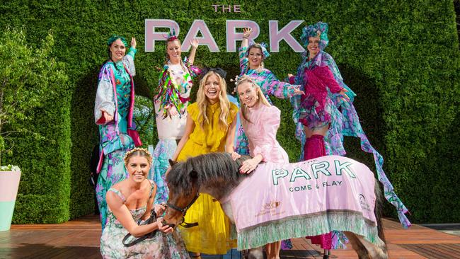 Front row, from left, VRC ambassador Georgia Connolly, Melbourne Cup Carnival ambassador Tegan Martin and Myer Fashions on the Field ambassador Crystal Kimber. Picture: Jason Edwards