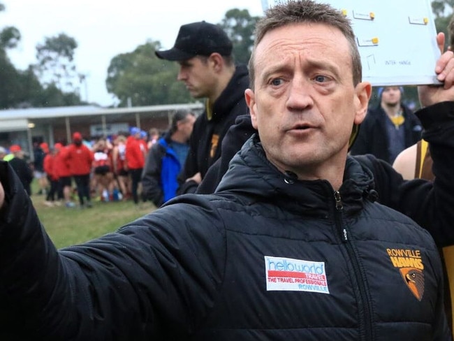 Rowville coach John Brown in the Eastern Football League (EFL). Picture: Davis Harrigan