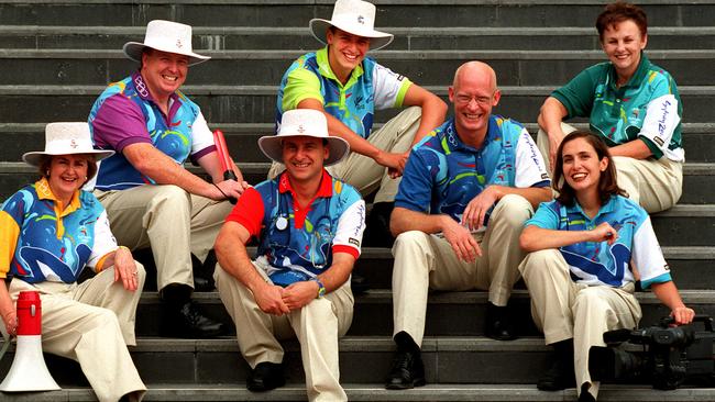 Sydney 2000 Olympic Games workforce volunteers employees at their uniform launch. (L-r) Maria Pamp with Brad Davoren, John Sammut, Ben Watson, Andrew McAllister, Louise Simon and Robyn Pride wearing uniforms 14 Feb 2000.