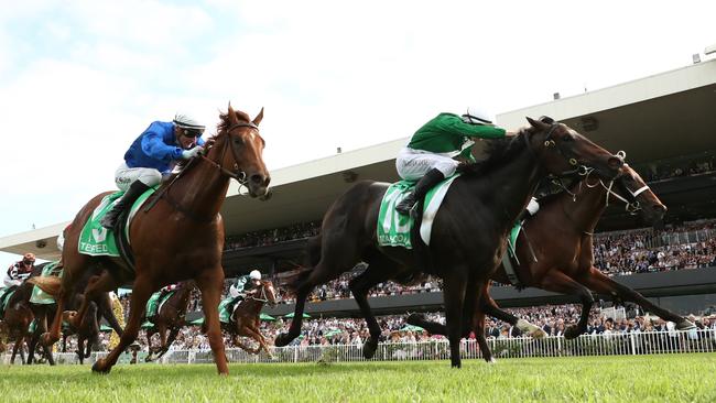 Marhoona (green) wins the Golden Slipper. Photo: Jeremy Ng/Getty Images.