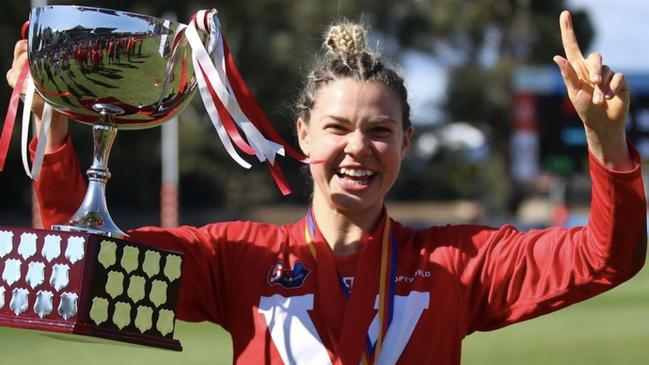 North Adelaide SANFLW star Anna Hatchard after winning the 2020 grand final and best on ground medal. Picture: Deb Curtis