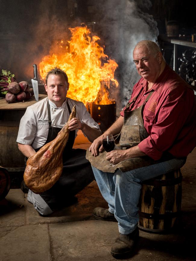 Chef Owen Andrews and Master Cooper Andrew Young at the Seppeltsfield cooperage. Picture: Matt Turner.