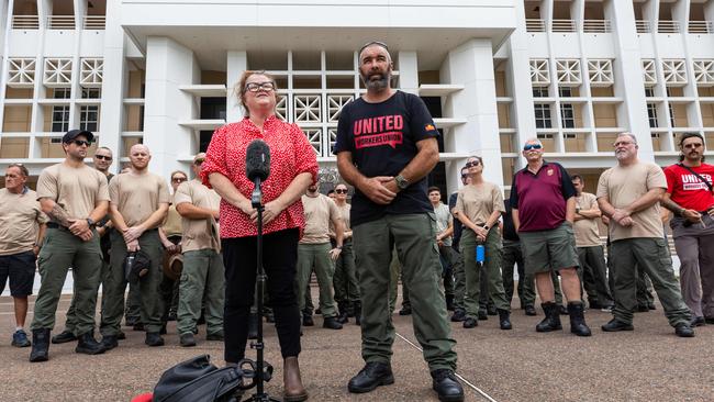 United Workers Union NT secretary Erina Early standing outside NT Parliament House with more than 40 Corrections officers on Tuesday February 11, 2025. Picture: Pema Tamang Pakhrin