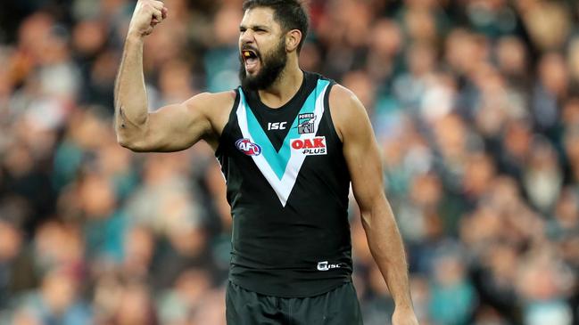 Paddy Ryder celebrates a goal in Port’s thrilling Showdown 44 win against Adelaide. Picture: James Elsby (AFL Media/Getty Images).