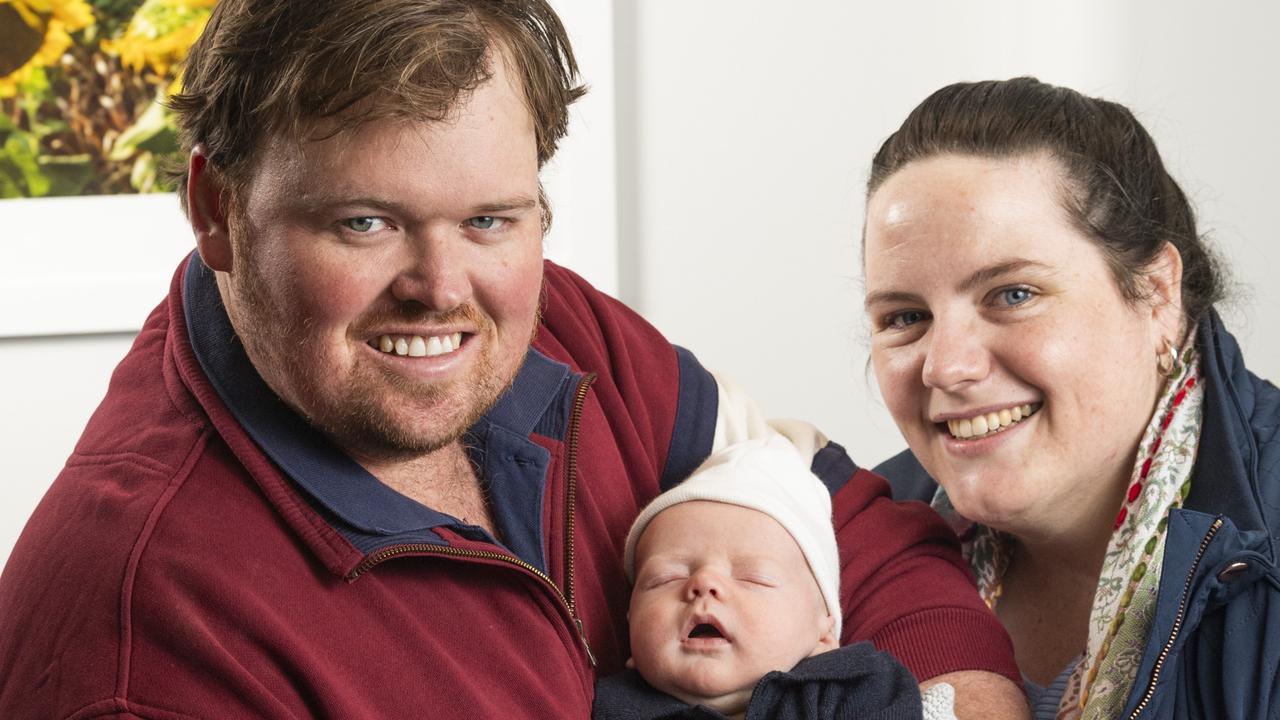 New parents Lauren and Brendan Waldron and their six-week-old baby Alfie Waldron, Monday, July 15, 2024. Picture: Kevin Farmer