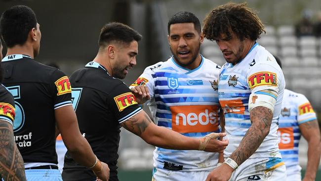 Shaun Johnson shows Kevin Proctor his arm after the incident. Picture: NRL Photos