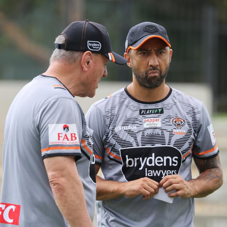 Tim Sheens and Benji Marshall at training. Picture: David Swift