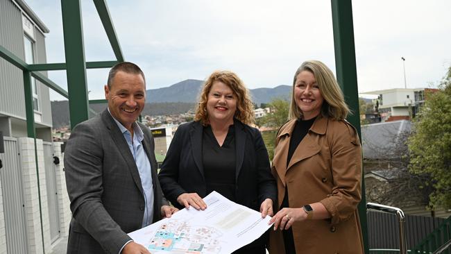 Urban Design Advisory Panel Chair Scott Balmforth, Hobart Lord Mayor Anna Reynolds and Centacare Evolve Housing Partnership and Development Manager Sarah Henley. Picture: City of Hobart