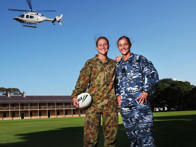 Jillaroos and serving defence force representatives Talesha Quinn and Meg Ward at the Army Barracks. Pic: Phil Hillyard