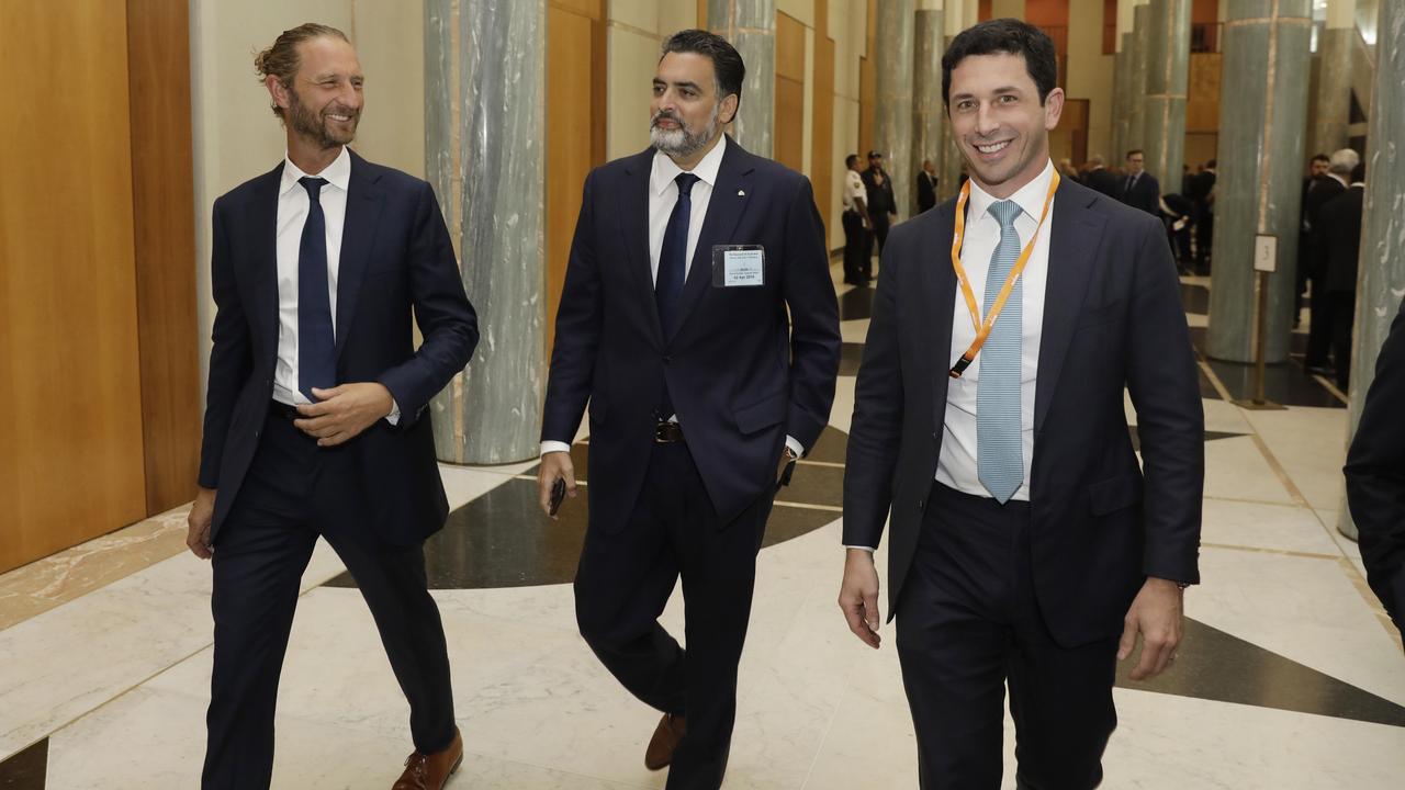 The dynasty club – Justin Hemmes, James Symonds and Ryan Stokes at Parliament House. Picture: Sean Davey