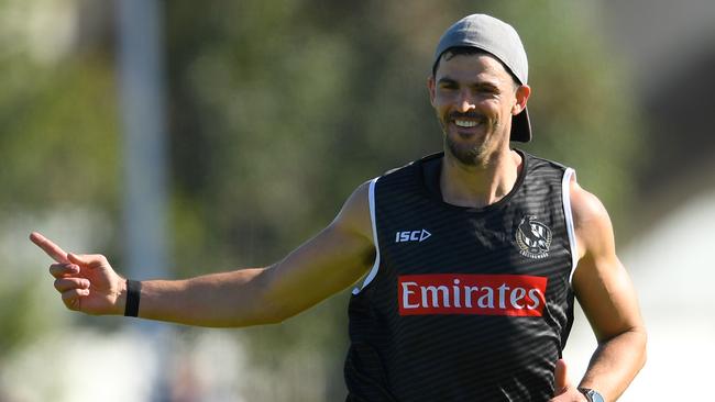 Scott Pendlebury of the Magpies celebrates during a Collingwood Magpies AFL training session at the Holden Centre on Monday. Picture: Quinn Rooney/Getty Images