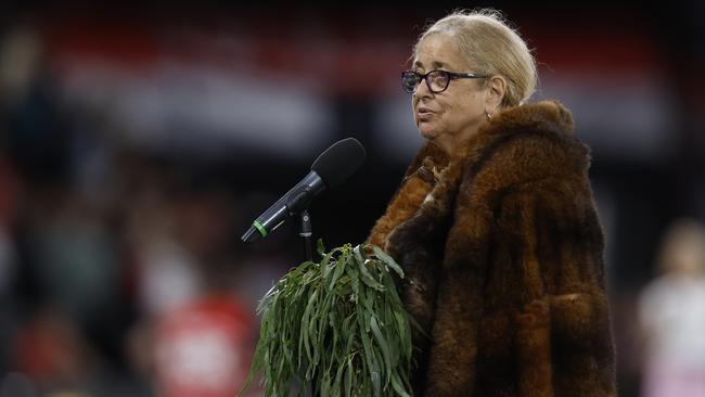 Senior Wurundjeri elder Aunty Joy Murphy Wandin of the Kulin Nation delivers a Welcome to Country. Picture: Darrian Traynor/Getty Images