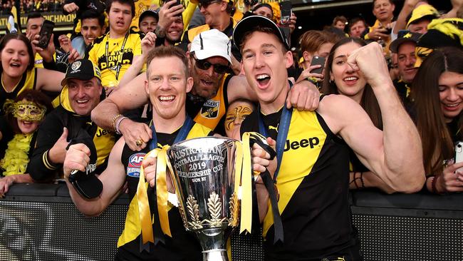 Jack Riewoldt celebrates with Tom Lynch and Tigers fans. Picture: Phil Hillyard