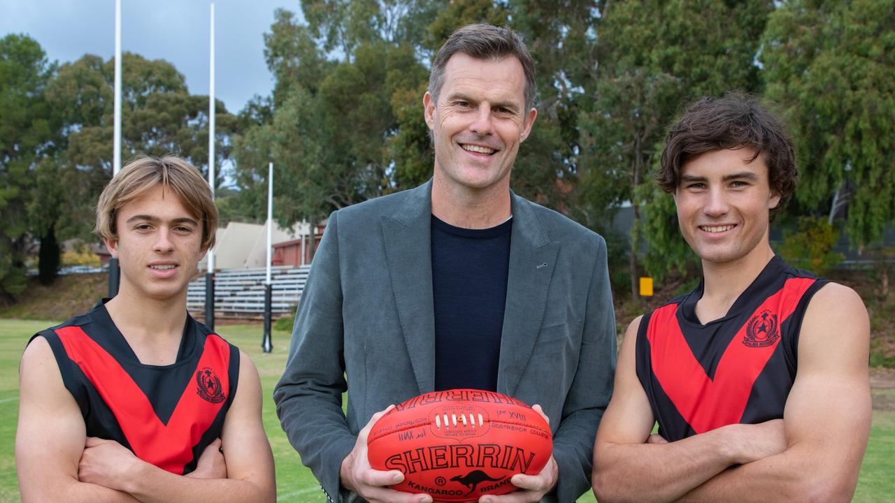 Rostrevor First XVIII vice-captain Tyson Walls (L), former AFL great Luke Darcy and Rostrevor First XVIII captain Jayden Gale. Picture: Supplied by Laura Syme