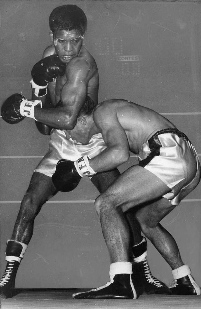 October 1966: Noel Kunde ducks a left hook from Lionel Rose on Rose’s way to the Australian bantamweight boxing title. Picture: Supplied