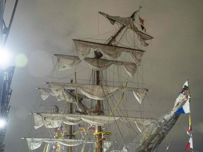 A disabled Mexican Navy tall ship floats off Pier 35 on the Manhattan side of the East River on May 17, 2025 in New York City. The ship reportedly struck the Brooklyn Bridge. Picture: Getty