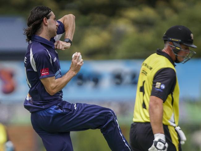 Pearcedale bowler Beau Scoble goes at Frankston YCW. Picture: Valeriu Campan