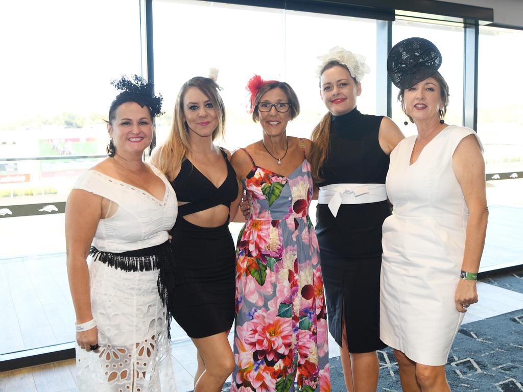 Kerry Lee, Bridey Rose, Colette van Emmerick, Andrea rice and Fiona Walker at the Darwin Turf Club Bridge Toyota Ladies' Day / Derby Day. Picture: KATRINA BRIDGEFORD