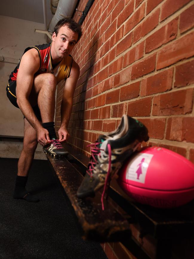 Goodwood Saints’ Simon Brooks wearing pink shoelaces ahead of the first “Lace up for Lynne” in 2016. Picture: Tom Huntley.