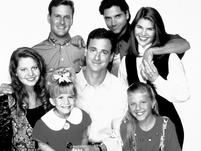 Full House cast ... DJ (Candace Cameron), Joey (Dave Coulier), Michelle (Mary-Kate and Ashley Olsen), Danny (Bob Saget), Jesse (John Stamos), Stephanie (Jodie Sweetin) and Becky (Lori Loughlin). Picture: Supplied