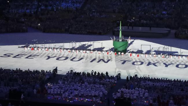 "See you in Tokyo" is projected on the floor during the closing ceremony in the Maracana stadium.