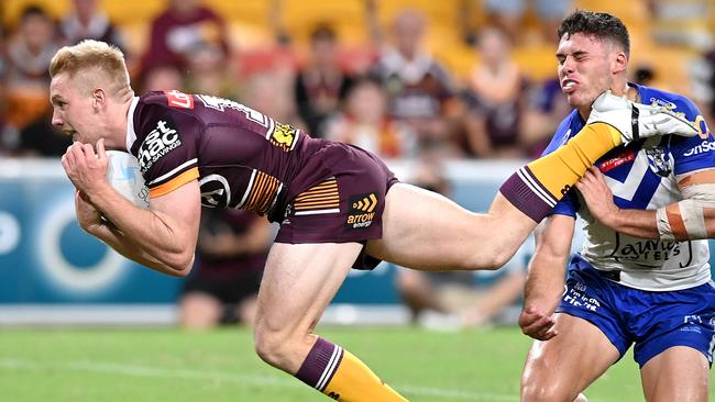 Tom Dearden scored the final try in Brisbane’s big win against Canterbury. Picture: Bradley Kanaris/Getty Images