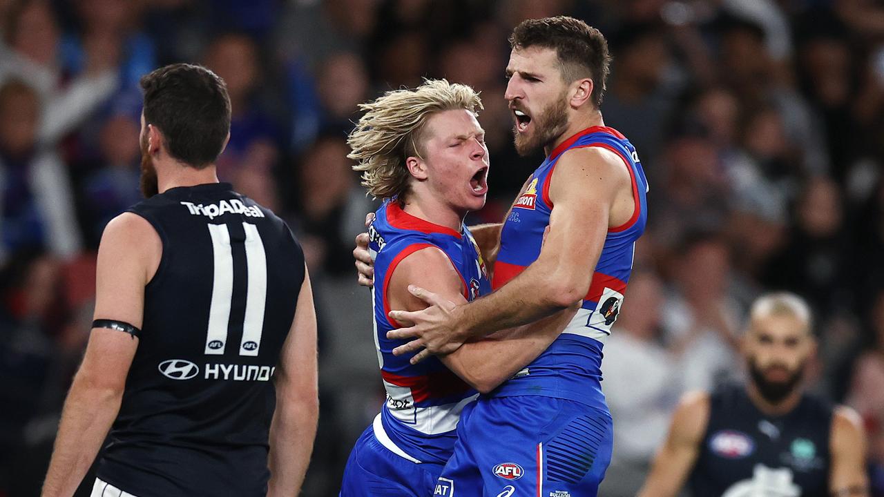 Marcus Bontempelli and Cody Weightman celebrate a goal against Carlton. Photo by Michael Klein